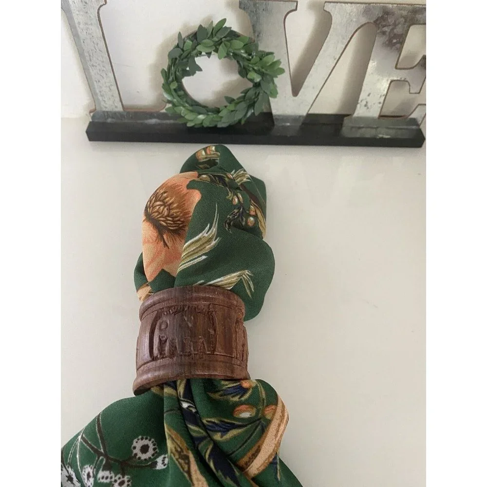 Vintage Elephant Retro Boho Hand Carved Wood Napkin Rings Holders India Set Of 8